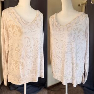 Athleta Mindset V-Neck Sweatshirt Large Beige Marble Swirl Fleece Thumbhole